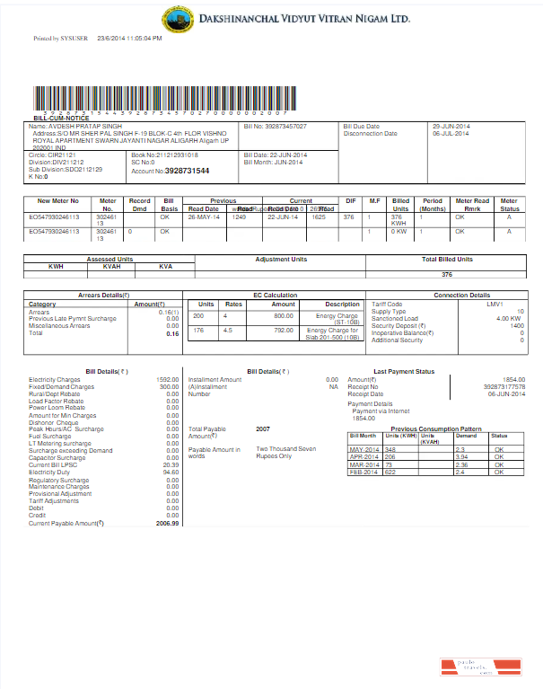 INDIA DVVNL utility bill Word and PDF template